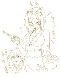 1boy 1girls big_breasts blush cleavage doodle embarrassed facial_scar female female_focus gintama gintoki_sakata hair_ornament isami_meena kimono kiseru male monochrome pervert pipe pixel_art scar scar_across_eye sexual_harassment sketch smoking smoking_pipe solo_focus translated tsukuyo