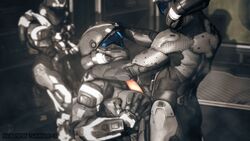 1girls 2boys 3d armor big_breasts halo_(series) hand_on_head helmet odst paizuri reresfm skin_tight spartan_(halo) tagme titjob