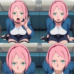 sakura_haruno haruno_mebuki ai_generated deik0 naruto_(series) boruto:_naruto_next_generations short_hair pink_hair green_eyes skirt_lift alternate_costume breasts midriff jacket train_interior train multiple_panels fellatio_gesture oral oral_sex sucking sucking_penis pov heterochromia