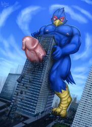 1boy absurd_res anthro apocalyptusart apohorse avian bird blue_body bodily_fluids building building_penetration building_sex city destruction erection falco_lombardi genital_fluids genitals hi_res humanoid_genitalia humanoid_penis macro male male_only nintendo penetration penis precum solo star_fox video_games