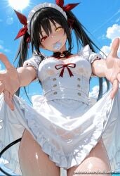 tokisaki_kurumi date_a_live ai_generated kermixx 1girl solo long_hair breasts looking_at_viewer blush smile bangs black_hair red_eyes dress ribbon hair_between_eyes twintails medium_breasts tail hair_ribbon yellow_eyes short_sleeves sky day cloud clothes_lift apron red_ribbon blue_sky wet see-through maid symbol-shaped_pupils maid_headdress heterochromia mouth_hold from_below lifted_by_self wet_clothes condom sun condom_wrapper condom_in_mouth