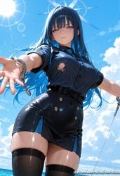 saori_(blue_archive) blue_archive ai_generated kermixx 1girl solo long_hair breasts looking_at_viewer blush bangs blue_eyes skirt large_breasts shirt black_hair thighhighs closed_mouth blue_hair standing short_sleeves thighs cowboy_shot outdoors necktie sky day collared_shirt belt black_thighhighs cloud blunt_bangs uniform blue_sky wet torn_clothes covered_navel skindentation ocean halo outstretched_arms blue_shirt cuffs blue_necktie sun handcuffs torn_shirt police police_uniform policewoman
