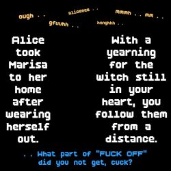 1futa 1futa1girl 1futanari 1girl 1girls ai_generated alice_margatroid cucked_by_futa cuckold cuckold_pov degradation degradation_text degrading english english_commentary english_dialogue english_text futanari marisa_kirisame onomatopoeia pixel_art pov speaking_to_viewer tagme tenguwritin touhou uncensored