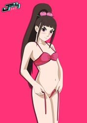 1girls adjusting_swimsuit bare_legs bare_shoulders bikini blunt_bangs blush boruto:_naruto_next_generations brown_hair embarrassed female female_only jorch_jacg kurogane_tsubaki long_hair looking_at_viewer midriff naruto naruto_(series) pink_eyes ponytail sidelocks solo solo_focus swimsuit tied_hair untied_bikini wardrobe_malfunction