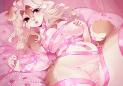 5_fingers anthro areola bdsm bed belly big_breasts blonde_hair bondage bound breasts brown_eyes brown_markings canid canine canis colored digital_drawing_(artwork) digital_media_(artwork) domestic_dog eyelashes female female_only fingers floppy_ears fur furniture genitals hair hi_res inside lips long_hair lying mammal markings mokkapie navel nipple_fetish nipple_play on_back on_bed overweight pink_areola pink_eyelids pink_lips pubes ribbon_bondage ribbon_only ribbons shaded solo tail tan_body tan_fur vulva