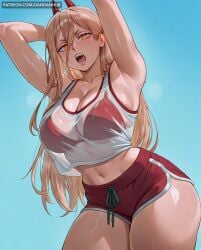 1girl solo long_hair breasts looking_at_viewer open_mouth blonde_hair large_breasts navel cleavage hair_between_eyes swimsuit yellow_eyes bikini thighs sweat horns shorts teeth midriff armpits arms_up crop_top wet see-through symbol-shaped_pupils short_shorts blue_background tank_top sharp_teeth demon_horns wet_clothes red_bikini alternate_breast_size red_shorts red_horns dolphin_shorts cross-shaped_pupils power_(chainsaw_man) chainsaw_man ai_generated dandanhub