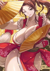 1girl ;) arm_guards bare_legs bare_shoulders big_breasts breast_rest breasts brown_eyes brown_hair cleavage closed_mouth collarbone commentary_request ema_(emaura) fan fatal_fury folding_fan hand_fan high_ponytail highres holding holding_fan japanese_clothes large_breasts lips long_hair mai_shiranui motoyui ninja no_bra obi one_eye_closed parted_bangs pelvic_curtain ponytail revealing_clothes rope sash shiranui_mai smile snk solo the_king_of_fighters thick_thighs thighs wide_hips wink winking winking_at_viewer wrist_guards