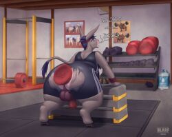 absurd_res accessory anal animal_genitalia animal_penis anthro asinus balls barbell basement big_balls big_butt blarf blue_eyes blue_hair bodily_fluids bottomwear butt buttplug clothing dialogue don_(blarf) donkey equid equine equine_genitalia equine_penis exercise flaccid genitals grey_body gym hair headband hi_res hooves huge_butt leaning leaning_forward long_ears looking_back lube_bottle male mammal musk overweight penis plug_(sex_toy) plug_insertion presenting presenting_hindquarters rear_view sex_toy solo steam stretching sweat sweatband sweaty_body sweaty_butt tagme tail thick_thighs torn_bottomwear torn_clothing unitard warm wide_hips workout wristband
