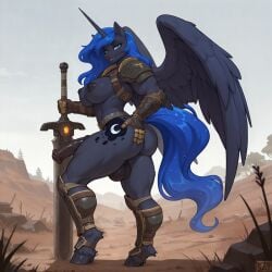 ai_generated friendship_is_magic my_little_pony princess_luna_(mlp) equid equine mammal winged_unicorn hi_res animal_genitalia animal_penis anthro armor backsack balls belt big_balls blue_body blue_fur blue_hair breasts butt clothing equine_penis equine_tail fur gauntlets genitals gloves futanari hair handwear horn intersex leg_armor looking_at_viewer melee_weapon muscular muscular_gynomorph muscular_intersex nipples penis rear_view solo standing sword unconvincing_armor weapon wings