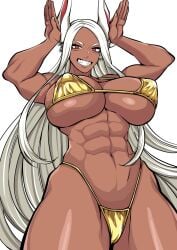 1girls 2026 abs animal_ears animal_humanoid arms_up belly_button biceps big_breasts bikini boku_no_hero_academia breasts bunny_ears_(gesture) bunny_pose busty cleavage clothed clothed_female clothing cowboy_shot curvaceous curvy dark-skinned_female dark_skin female female_only front_view fully_clothed gesture gold_bikini golden_week hair huge_breasts humanoid keidh keiiii kemonomimi lagomorph lagomorph_humanoid large_breasts long_hair looking_at_viewer mammal mammal_humanoid miruko muscular muscular_arms muscular_female muscular_legs muscular_thighs my_hero_academia navel nipple_bulge parted_bangs pose posing rabbit rabbit_ears rabbit_girl rabbit_humanoid red_eyes rumi_usagiyama sharp_teeth simple_background skimpy skindentation smile smiling smiling_at_viewer solo standing stomach teeth thick_thighs thighs very_long_hair white_background white_hair wide_hips