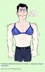1boy angry angry_expression angry_face angry_male belt black_hair blue_bra blue_clothes blue_clothing blue_laces blue_lingerie bra bra_strap digital_drawing_(artwork) digital_media digital_media_(artwork) english english_text goofy goofy_art half_nude half_nude_male handlebar_mustache jeans joke_art lace lace_trim lingerie lingerie_bra mad mad_face male male_focus male_only moustache mr_shrink mustache nipples_visible_through_clothing original original_character pants pants_on professional psychiatrist retaliation sexy_lingerie shaking sheer_bra sheer_clothing silly solo solo_male stupid stupid_male the_shrink