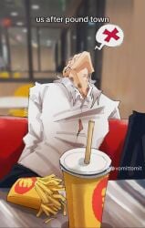 1boy 2025 after_sex blurry_background cecil_stedman clothed clothing cup drink fast_food fries hair hickey hickey_marks hickeys invincible invincible_(comics) invincible_(tv_series) light-skinned_male light_skin male male_only meme no_visible_genitalia office_clothing safe scar sitting solo solo_male straw us_after_pound_town_(meme) vomittomit white_hair white_shirt