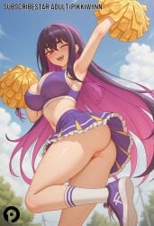 1girl ;d ai_generated arm_up armpits ass bangs bare_shoulders blue_sky blurry blurry_background blush breasts cheerleader cleavage cleft_of_venus cloud crop_top day female female_only frilled_skirt frills from_below hair_between_eyes holding holding_pom_poms large_breasts leg_up long_hair looking_at_viewer midriff miniskirt multicolored_hair navel no_panties one_eye_closed open_mouth outdoors pikkiwynn pink_hair pleated_skirt pom_pom_(cheerleading) purple_footwear purple_hair purple_skirt pussy red_eyes sentai_red_ga_isekai_de_boukensha_ni_naru shoes skirt sky smile sneakers socks solo standing standing_on_one_leg teeth thighs two-tone_hair uncensored upper_teeth_only very_long_hair white_socks yihdra_arvoln