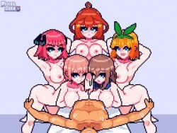 1boy 5girls animated armpits big_breasts blue_eyes bouncing_breasts breast_press breasts brown_hair female go-toubun_no_hanayome handjob looking_at_viewer multiple_girls nakano_ichika nakano_itsuki nakano_miku nakano_nino nakano_yotsuba naked nipples nude orange_hair pink_hair pixel_animation pixel_art pixelsira red_hair