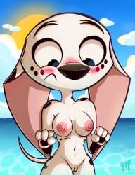 101_dalmatian_street 101_dalmatians 2024 absurd_res aged_up anthro anthrofied areola big_breasts biped black_body black_fur breasts canid canine canis cloud colored dalmatian dated digital_media_(artwork) disney dolly_(101_dalmatians) domestic_dog embarrassed embarrassing_nudity female female_anthro floppy_ears fur genitals hi_res long_ears looking_down looking_down_at_self mammal markings navel nipple_dip nipples nude nude_anthro nude_female pattern_background pkbr4insh0ck_(artist) seaside shaded signature simple_background sky solo spots spotted_body spotted_fur sun tail thick_thighs vulva water white_body white_fur year