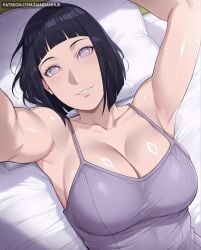 1girl ai_generated armpits arms_up bangs bare_shoulders black_hair blunt_bangs boruto:_naruto_next_generations breasts camisole cleavage collarbone dandanhub hinata_hyuuga hyuuga_hinata large_breasts looking_at_viewer lying naruto naruto_(series) naruto_shippuden on_back parted_lips pillow purple_eyes shiny shiny_skin short_hair smile solo upper_body uzumaki_hinata