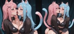 breasts blush looking_at_viewer open_mouth bangs blue_eyes skirt hair_ornament thighhighs shirt long_sleeves bow cleavage animal_ears hair_between_eyes panties standing tail jacket pink_hair ass pleated_skirt sidelocks open_clothes choker penis hairclip cat_ears miniskirt blunt_bangs black_skirt bowtie sweatdrop bra clothes_lift looking_at_another collar from_side cat_tail shiny_skin see-through looking_to_the_side crop_top profile animal_ear_fluff black_shirt skindentation black_bow skirt_lift highleg pov cleavage_cutout half-closed_eyes black_choker oral x_hair_ornament kiss breast_press fellatio black_bra breath eye_contact cat_girl licking paizuri shiny_clothes futanari veins highleg_panties threesome black_bowtie veiny_penis ribbon_choker string_panties face-to-face french_kiss licking_penis multiple_fellatio ai_art ai_generated catgirl dickgirl futa character:koneko artist:konekofuta large_breasts large_penis taut_clothes full-face_blush eyelashes eyeshadow lips ear_fluff slim_waist slim skinny skinny_futa detailed_background lighting detailed absurdres