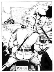 1980 3boys ass biker_clothes bulge_grab clothed fully_clothed gay kake_(tom_of_finland) male male_only monochrome motorcycle muscular original police tight_clothing tom_of_finland traditional_media yaoi