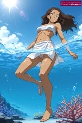 1girl ai_assisted ai_generated air_bubble avatar_the_last_airbender bandeau bare_shoulders barefoot bikini blue_eyes blue_sky breasts brown_hair bubble cameltoe cloud coral dark-skinned_female dark_skin day female female_only from_below full_body katara long_hair looking_at_viewer medium_breasts navel nickelodeon nicktoons ocean outdoors partially_underwater_shot sarong sky smile solo stelmazura strapless sun sunlight swimming swimsuit tube_top underboob underwater underwater_view water wet white_sarong