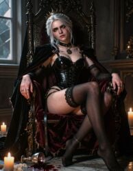 1girls ai_generated ass breasts cd_projekt_red ciri cirilovve corset crown empress female female_only garter_belt garter_straps green_eyes light-skinned_female light_skin lingerie looking_at_viewer mascara necklace scar solo solo_female stockings the_witcher_(series) the_witcher_3:_wild_hunt thong throne throne_room white_hair