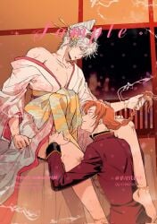 2boys alternate_costume bite_mark braid braided_hair bruise bruised bruises crossdressing feige's_violent_words gay gintama gintoki_sakata hair_ornament hickey hickey_marks japanese_clothes kamui_(gintama) kanzashi kimono long-haired_male long_hair makeup male male_only masculine_crossdresser nihongami off_shoulder oiran orange_hair paako prostitute single_braid white_hair yaoi
