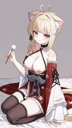1girls absurd_res absurdres animal_ears bare_shoulders bed blonde_hair blush breasts breasts_out cat_ears cat_tail catgirl eco_376124 extremely_large_filesize female female_focus female_only high_resolution highres kemomimi_refle! kimono kneeling looking_at_viewer medium_breasts nekoma_karin nipples red_eyes sitting smile solo thighs virtual_youtuber