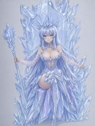 1girls blue_eyes buzkilintin cleavage crown female female_only holding_object ice png revealing_clothes scepter simple_background smile smiling throne
