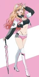 1girls asian_female big_breasts blonde_hair boots cleavage colored_tips crop_top earrings gyaru holding_object hotpants hourglass_figure jacket kitagawa_marin knee_boots looking_at_viewer midriff my_dress_up_darling overknees pink_eyes pink_fingernails pink_tips posing posing_for_the_viewer race_queen red_eyes simple_background sono_bisque_doll_wa_koi_wo_suru string_panties sunglasses umbrella