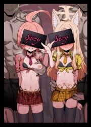 2girls animal_ears black_bra black_thighhighs blonde_hair blue_archive blush bra breasts corruption dark-skinned_male explicit exposed_breast eyes_covered fox_ears grabbing groping halos hands_on_breasts hands_on_thighs harassment interracial long_hair mikamo_neru miniskirt momonosuke_(u-ma991028) multiple_boys necktie nipples open_shirt orange_hair pink_hair pleated_skirt pussy_focus school_uniform shirt short_hair sign small_breasts standing submission sweat thighhighs vulva yurizono_seia