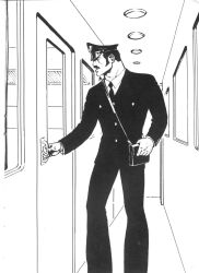 1974 1boy formal_wear fully_clothed gay kake_(tom_of_finland) male male_only monochrome moustache muscular original safe solo tom_of_finland traditional_media train train_interior yaoi