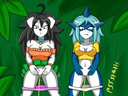 2girls blanche_(daceking) tammy_(daceking) peeing outdoors medium_breasts large_breasts urination standing furry daceking original off_shoulder cleavage pussy legs_apart