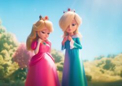 2girls accurate_art_style ai_generated animated artist_request blonde_hair blue_dress blue_eyes blurry_background bra clothing dress duo ear_piercing female female/female female_only human human_only illumination_entertainment light-skinned_female light_skin mammal mario_(series) mature mature_female nintendo panties pink_dress princess princess_peach princess_rosalina royalty super_mario_bros. super_mario_galaxy_(2026_film) tagme undressing video video_games