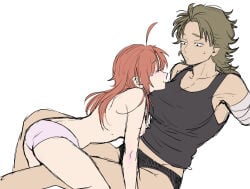 lbar_gb female_only female 2girls yuri genderswap_(mtf) rule_63 gintama abuto kamui_(gintama) orange_hair mullet hair_down amputee amputated_arm tank_top topless_female topless age_difference smile pale_skin brown_hair pale-skinned_female ahoge small_breasts medium_hair panties pink_panties black_panties big_breasts butch sweatdrop breast_size_difference