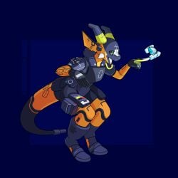 2_horns absurd_res ambiguous_gender android anthro armor black_body black_clothing blue_background boots breasts clothed clothing countershading digital_media_(artwork) dragon drone female fingers footwear genitals gloves green_eyes handwear hi_res horn hotkoin klank_(spark.kobbo) kobold machine male markings mythological_creature mythological_scalie mythology nipples open_mouth orange_body orange_countershading robot scalie shoes simple_background smile solo standing tail tongue tongue_out topwear vulva
