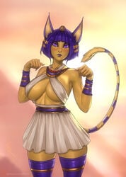 1girls 2021 :< animal_crossing ankha big_breasts blue_eyes blue_hair blush breasts cat_ears cat_tail catgirl cleavage egyptian freli gold looking_at_viewer necklace nintendo skirt solo standing thighhighs thighs underboob yellow_body