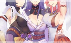 3girls armpit_pose armpits black_elbow_gloves black_gloves black_long_gloves cleavage eastern_style elbow_gloves female female_only fox fox_girl genshin_impact gloves kitsune kujou_sara large_breasts lips long_gloves pink_hair presenting_armpit purple_hair raiden_shogun short_hair sideboob sukoyaka93 sweat sweatdrop sweaty_armpits sweaty_breasts underboob voluptuous yae_miko