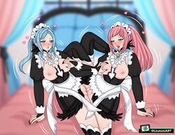 2girls arm_support bangs bare_thighs bedroom black_nails blue_eyes blue_hair blush breast_grab breasts breasts_out clothing felicia_(fire_emblem) female_only fire_emblem fire_emblem_fates flora_(fire_emblem) incest inner_thighs large_breasts long_nails loutaniart maid motion_lines multiple_girls nail_polish nintendo nipples no_panties on_bed open_mouth pink_hair ponytail pussy pussy_juice sisters smile spread_legs thighhighs thighs tongue tongue_out tribadism twins yuri