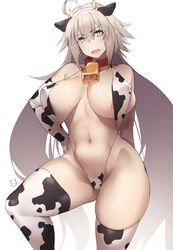 ahoge animal_ears animal_print bangs bell blush breasts cleavage collar cow_ears cow_print cowbell eastern_style fake_animal_ears fate/grand_order fate_(series) female highres jeanne_alter jeanne_d'arc_(alter)_(fate) jeanne_d'arc_(fate) kuronyan large_breasts long_hair looking_at_viewer navel neck_bell open_mouth silver_hair slingshot_swimsuit solo swimsuit thighs very_long_hair white_swimsuit yellow_eyes