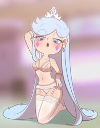 1girls aged_down bra crown disney disney_channel disney_xd female female_only front_view garter_belt h_space kneeling legs_together lingerie milf moon_butterfly panties pinup seductive_look seductive_pose solo star_vs_the_forces_of_evil thighhighs thighs very_long_hair white_lingerie younger