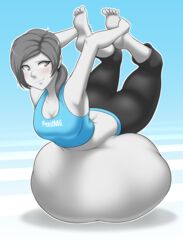 1girls barefoot big_belly black_hair blush clothed clothing feet female female_only gray_eyes nintendo on_stomach same_size_vore solo starcrossing toes vore white_skin wii_fit_trainer yoga