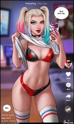 1girls aroma_sensei batman_(series) big_breasts blonde_hair blue_eyeshadow blue_hair bra breasts dc dc_comics dyed_hair female female_only fully_clothed harley_quinn harley_quinn_(series) panties pigtails pink_eyeshadow pink_hair selfie smartphone socks solo solo_female suicide_squad thick_thighs thigh_gap thigh_socks three_tone_hair two_tone_bra two_tone_panties