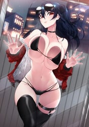 1girls 2019 absurdres against_glass against_window ahoge akchu alternate_costume alternate_version_available azur_lane bangs bare_shoulders bikini black_bikini black_hair black_legwear blush breast_press breasts breasts_on_glass choker city cleavage collarbone eastern_style eyebrows_visible_through_hair eyewear_on_head female groin hair_between_eyes highleg highleg_bikini highres jacket large_breasts light-skinned_female light_skin long_hair looking_at_viewer multi-strapped_bikini navel night off_shoulder race_queen red_eyes red_jacket skindentation smile solo standing stomach string_bikini sunglasses swimsuit taihou_(azur_lane) taihou_(enraptured_companion)_(azur_lane) tareme thigh_strap thighhighs very_long_hair window