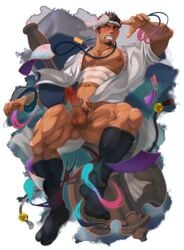 1boy absurdres ass_visible_through_thighs bara bare_pectorals bead_necklace beads blush brown_hair censored covered_abs crow_(siranui) dark-skinned_male dark_skin erection facial_hair full_body goatee hachimaki happi headband heavily_censored highres japanese_clothes jewelry kimono kneehighs large_pectorals long_sideburns magic male_focus mature_male midriff_sarashi mosaic_censoring muscular muscular_male navel necklace nipples no_pants open_clothes open_kimono original pectorals pixelated_penis sarashi scar scar_on_cheek scar_on_face short_hair short_kimono sideburns solo thick_eyebrows thick_thighs thighs white_kimono