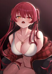 1girls 2021 absurdres bangs bikini blush breasts cleavage earrings eastern_style female female_focus female_only hair_ribbon heart heart_earrings heart_necklace heterochromia higashigure highres hololive hololive_fantasy hololive_japan houshou_marine jacket jewelry large_breasts long_hair looking_at_viewer navel off_shoulder open_mouth plaid raised_eyebrows red_eye red_hair ribbon sitting solo solo_female swimsuit teeth thigh_strap twintails virtual_youtuber white_bikini yellow_eye