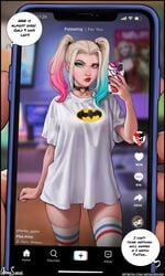 1girls aroma_sensei batman_(series) blonde_hair blue_eyeshadow blue_hair breasts dc dc_comics dyed_hair female female_only fully_clothed harley_quinn harley_quinn_(series) jojo_reference medium_breasts no_nut_november phone phone_screen pigtails pink_eyeshadow pink_hair selfie smartphone socks solo solo_female suicide_squad thick_thighs thigh_gap thigh_socks thighs three_tone_hair tiktok tiktok_overlay