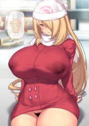 1girls alternate_breast_size alternate_costume aster_crowley blonde_hair blush clothing curvaceous curves curvy curvy_figure cynthia_(pokemon) dawn_(pokemon)_(cosplay) english_text female game_freak hair_over_one_eye high_resolution highres huge_breasts human large_breasts long_hair looking_at_viewer mature mature_female nintendo no_panties pokemon pokemon_platinum pubic_hair pubic_hair_peek red_coat red_jacket solo white_scarf winter_clothes