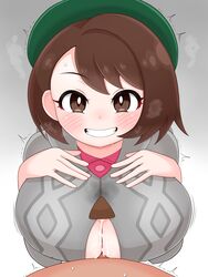 1boy 1girls big_breasts blush breasts brown_eyes brown_hair clothed_female_nude_male covered_paizuri cum cum_between_breasts cute ejaculation_between_breasts eye_contact female gloria_(pokemon) happy hat kalimba0123 looking_at_viewer nintendo paizuri pokemon pokemon_ss smile sweat