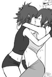 2girls against_wall asian black_hair blush clone closed_eyes cyborg cyborg_noodle female/female gorillaz hand_in_pants jinx-wuz-here kissing masturbation_through_clothing moaning multiple_girls noodle_(gorillaz) robot selfcest tumblr yuri