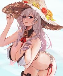 1girls 2021 algerie_(azur_lane) algerie_(white_sand_paradise)_(azur_lane) azur_lane breasts cleavage detached_collar drill_hair drill_locks eastern_style female female_only flower hair_between_eyes hat hat_flower highres large_breasts light-skinned_female light_skin long_hair looking_at_viewer marshall_k mole mole_under_eye official_alternate_costume open_mouth purple_eyes silver_hair smile solo straw_hat sun_hat twin_drills two-tone_bikini vichya_dominion_(azur_lane)