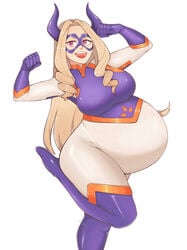 big_breasts blonde_hair bodysuit heroine horn hyper hyper_belly mount_lady my_hero_academia pregnant rabidbunny ready_to_pop skin_tight thick_thighs yuu_takeyama